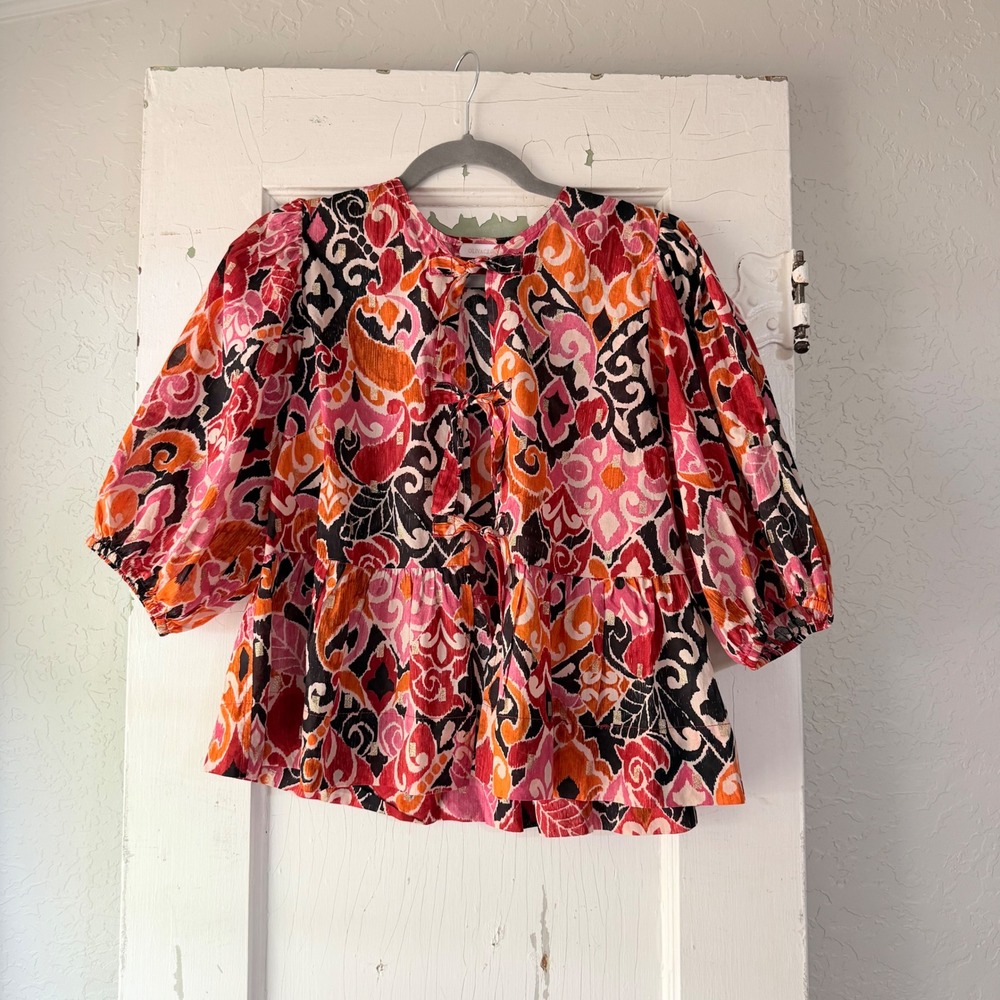Olivaceous Pink Orange Ikat Paisley Puff Sleeve Tie Front Peplum Top Medium